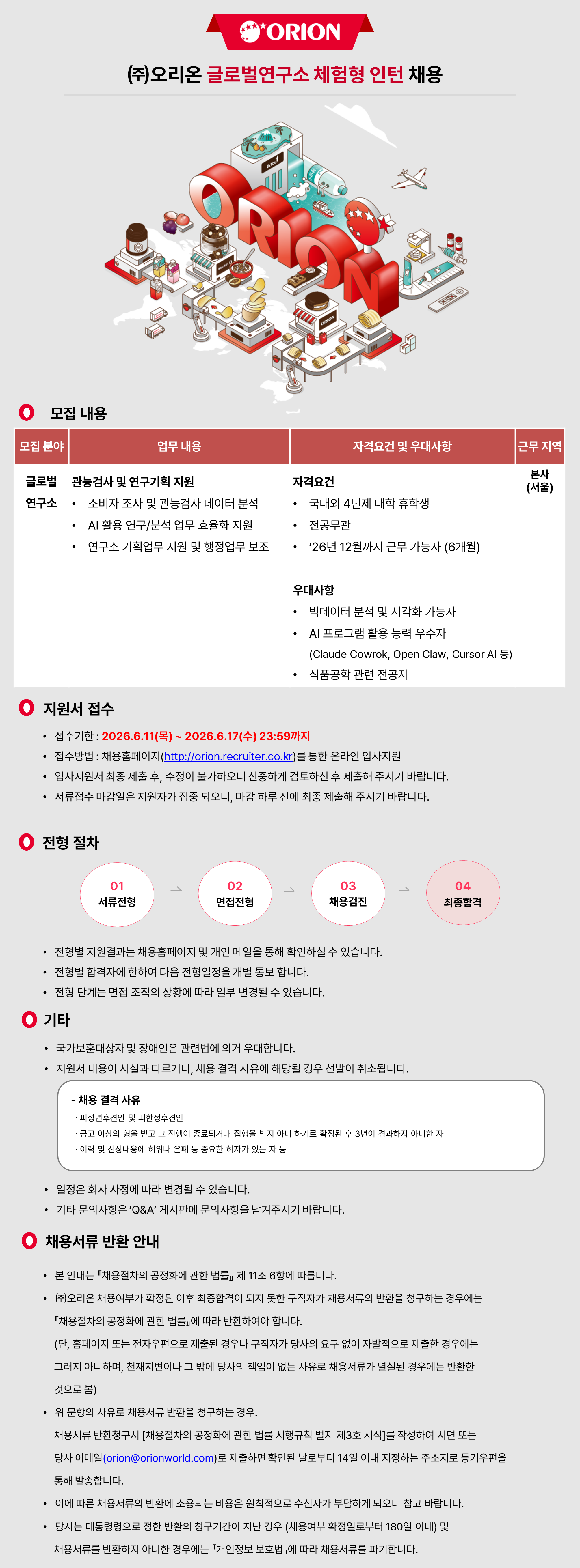 오리온 (주)오리온 글로벌연구소 체험형 인턴 채용 채용공고